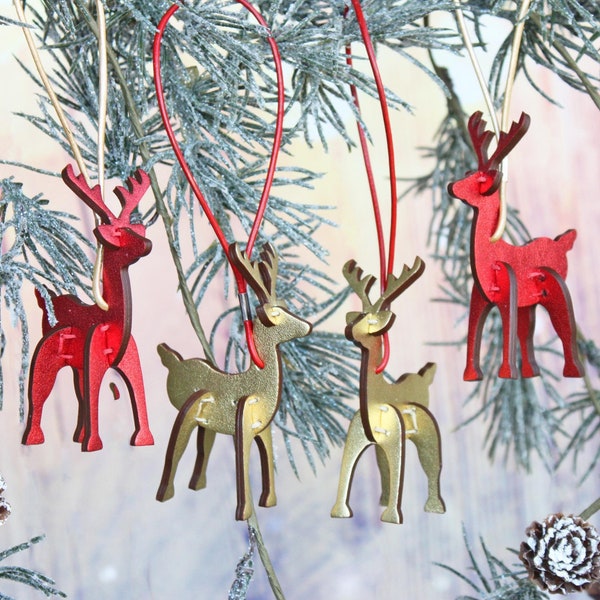 Leather Reindeer Ornament, Handcrafted Christmas Tree Decoration, Set of 2/4
