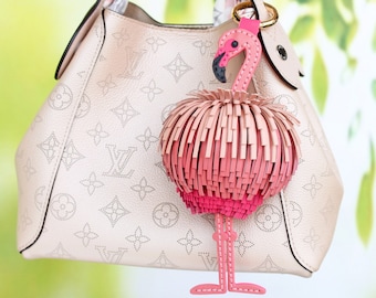 Ombre Hot Pink Flamingo Pom Pom Leather Bag Charm, Large Keychain for Purse, Mothers Day Gift