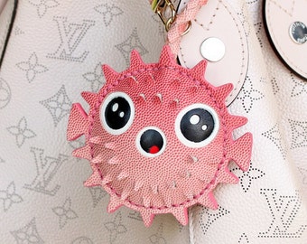 Ombre Pink Pufferfish Leather Purse Charms, Handmade Blowfish Keychain Bag Accessory