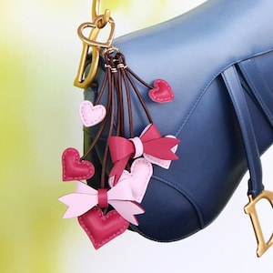 Heart and Bow Leather Keychain Charm, Handmade Love Purse Tassel