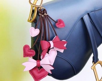 Heart and Bow Leather Keychain Charm, Handmade Love Purse Tassel