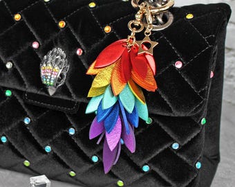Metallic Rainbow Leaves Leather Bag Charm, Handmade Purse Keychain