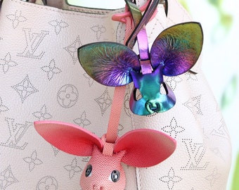 Ombre Pink Bunny Rabbit Leather Bag Charm, Handcrafted Iridescent Rainbow Easter Purse Charm