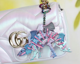 Pastel Ombre Stegosaurus Leather Bag Charm, Handcrafted Dinosaur Ornament Dino Keychain