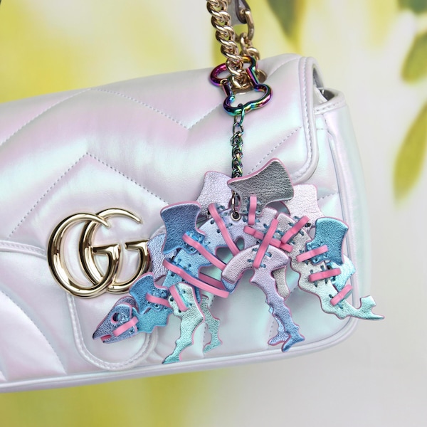 Pastel Ombre Stegosaurus Leather Bag Charm, Handcrafted Dinosaur Ornament Dino Keychain
