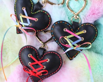 Lace Up Heart Leather bag Charm, Handcrafted Leather Keychain for purse