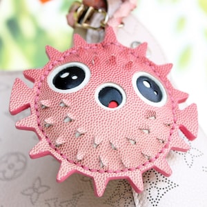 Ombre Pink Pufferfish Leather Purse Charms, Handmade Blowfish Keychain Bag Accessory image 5