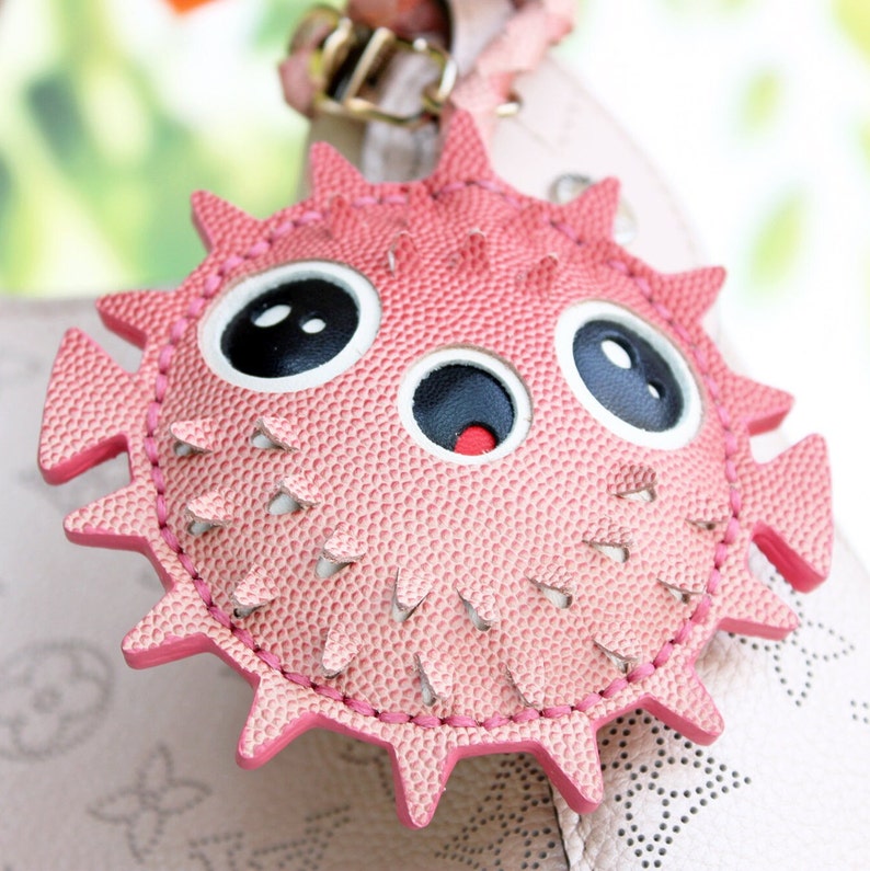 Ombre Pink Pufferfish Leather Purse Charms, Handmade Blowfish Keychain Bag Accessory image 5
