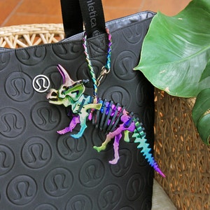 Iridescent Rainbow Triceratops Bag Charm, Handmade Leather Dinosaur Purse Ornament
