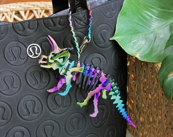 Iridescent Rainbow Triceratops Leather Bag Charm, Handmade Dinosaur Purse Ornament