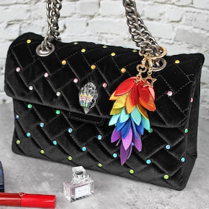 Metallic Rainbow Leaves Leather Bag Charm, Keychain for Purse Charm, Handmade Gift for Mom