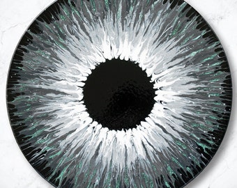 Silver Evil Eye Abstract Acrylic Pour Painting, Unique Monochrome Wall Art, Eye Doctor Gift