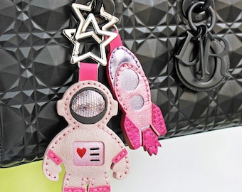 Pink Astronaut Rocket Leather Bag Charm, 2 Sided Handmade Keychain Gift for Purse