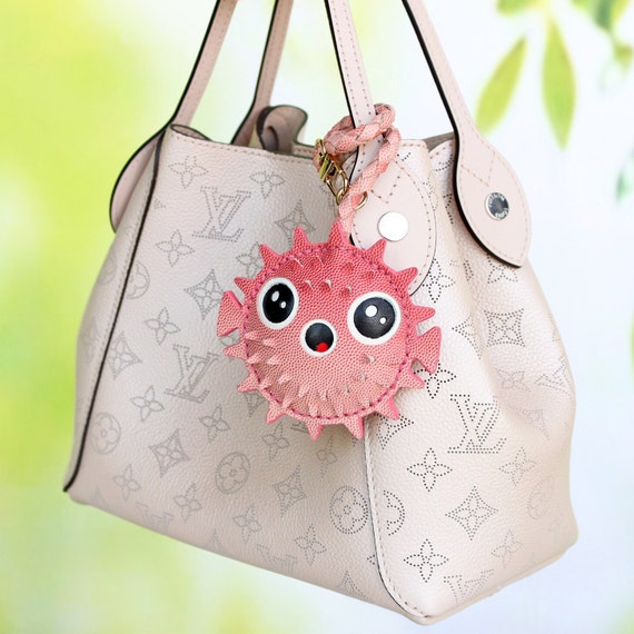 Ombre Pink Pufferfish Leather Purse Charms, Handmade Blowfish Keychain Bag Accessory