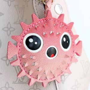 Ombre Pink Pufferfish Leather Purse Charms, Handmade Blowfish Keychain Bag Accessory image 4