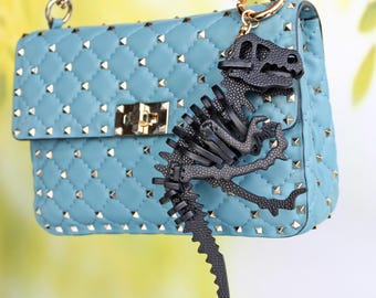 Black Caviar Leather T-Rex Bag Charm, Handmade 3D Dinosaur Purse Charm