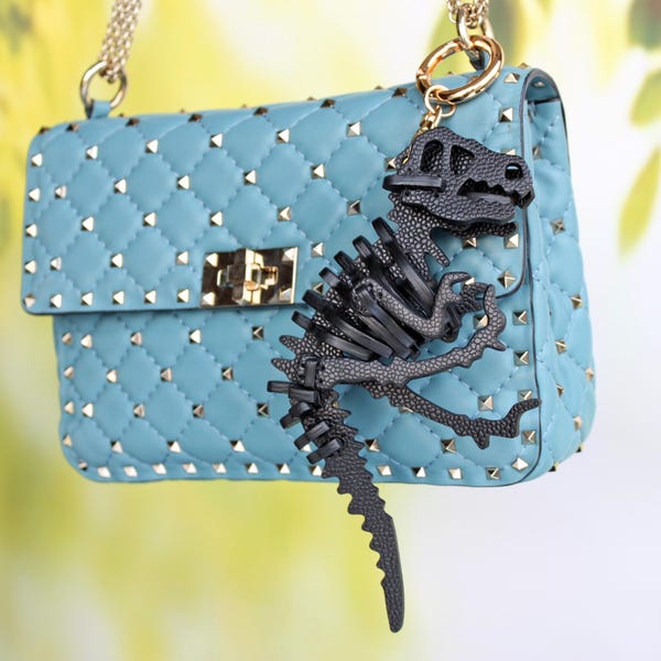 Black Caviar Leather T-Rex Bag Charm, Handmade 3D Dinosaur Purse Charm