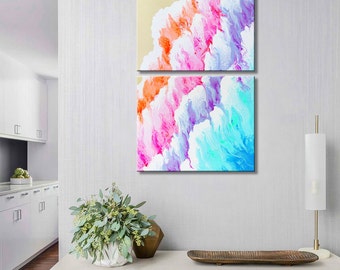 Bioluminescent Pastel Ocean Waves, 2 Panel Acrylic Pour Painting, Glow In The Dark Wall Art