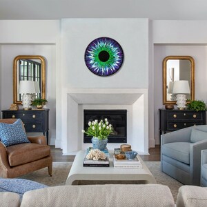 Fluorescent Green Purple Evil Eye, Abstract Acrylic Pour Painting, Eye Doctor Wall Decal