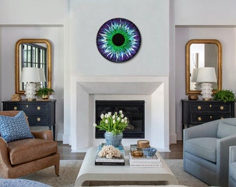 Fluorescent Green Purple Evil Eye, Abstract Acrylic Pour Painting, Eye Doctor Wall Decal