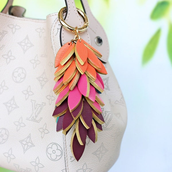 Reversible Spring Leaves Leather Tassel Bag Charm, Customized Keychain for Purse Charm, Mothers Day Gift