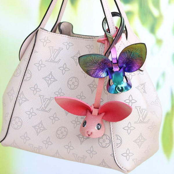 Easter Bunny Rabbit Bag Charm, Iridescent Rainbow Leather Purse Charm, Ombre Pink Bunny Accessories