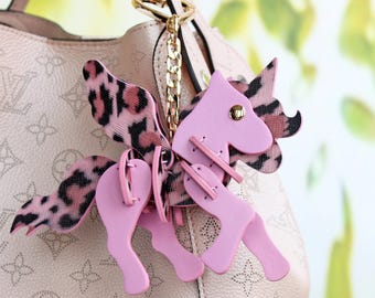 Pink Leopard Print Unicorn Leather Bag Charm, Handmade Keychain for Purse