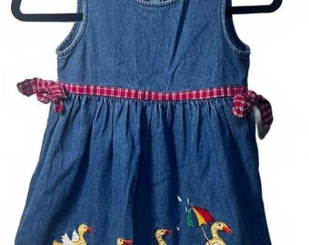 Charming Vintage Cottagecore Girls Embroidered Denim Duck Dress - Size 5