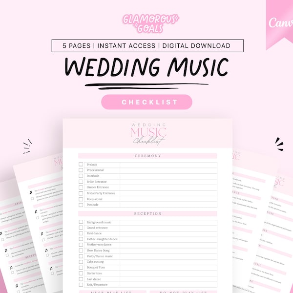 Editable Wedding Music List for ceremony and reception or DJ, Edit in Canva, Wedding Music Checklist, Wedding Planner, Wedding Planning