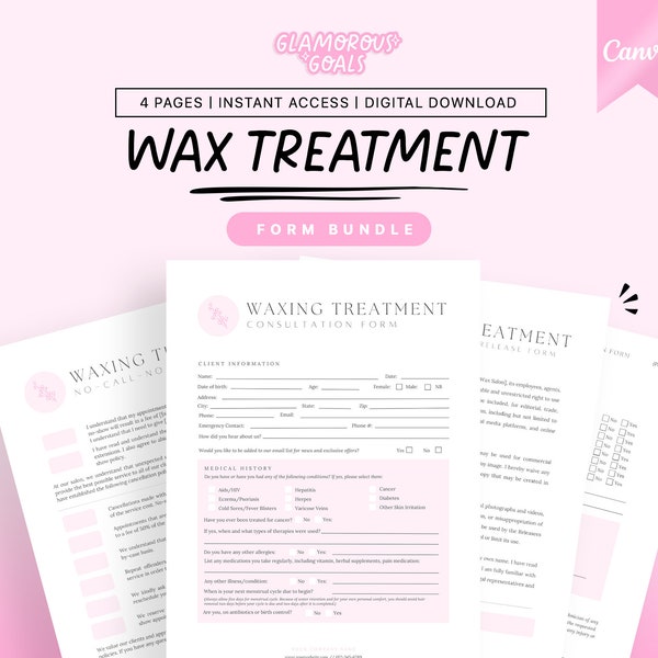 Waxing Treatment Form Bundle,Professional Esthetician Forms Bundle,Skincare Consent Forms,Waxing Consultation,Spa forms, Canva Template