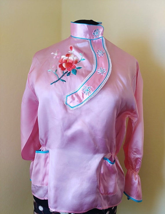 Vintage 1950's Japanese rayon pink satin pajama s… - image 2