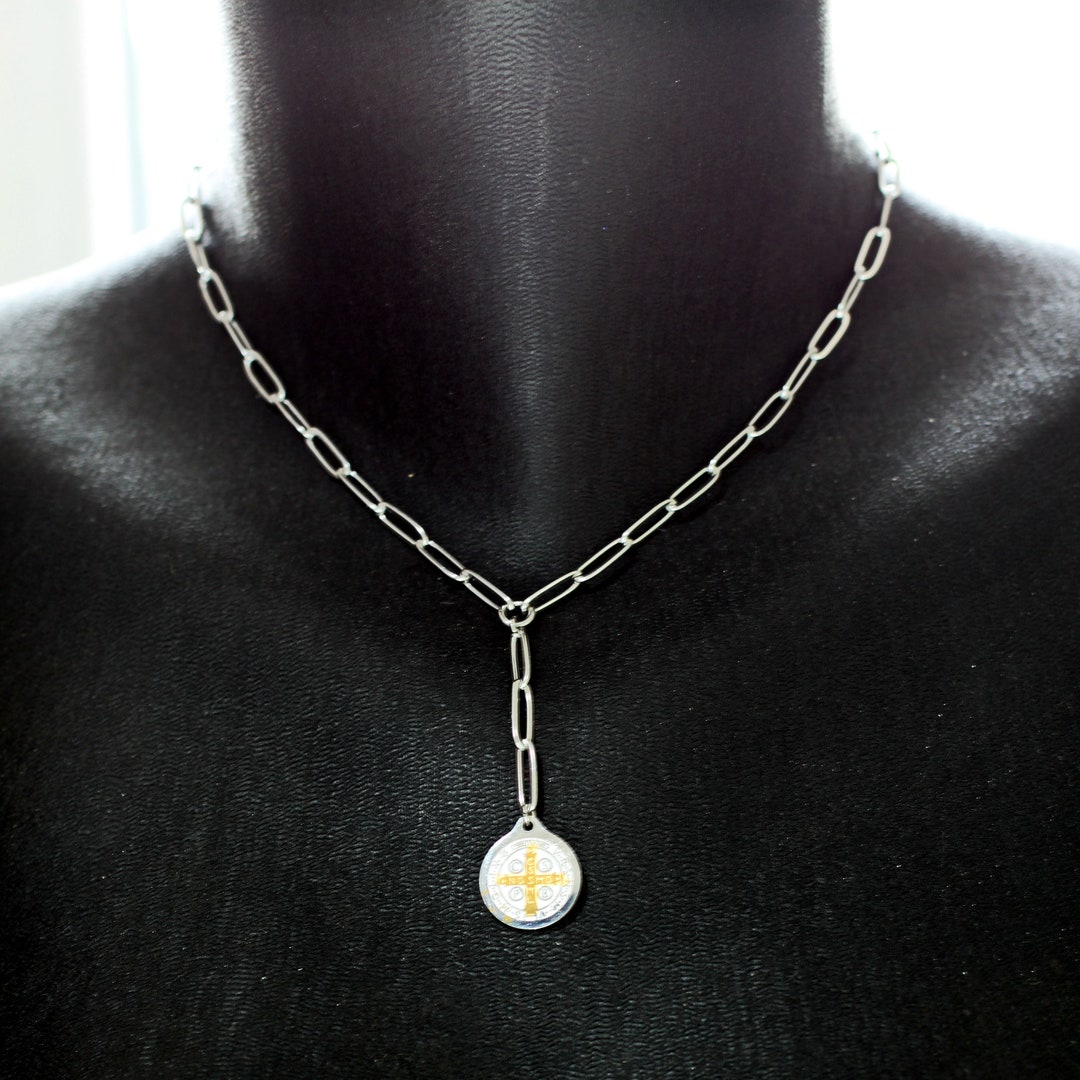 2 Colliers Avec Pendentif Saint Benoît - Acier Inoxydable 316L, Chaîne Réglable, Argent/or - Bijou Chrétien Cadeau