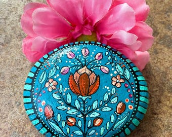 Hand painted rock from Inspirationrocks4u  Boho style “floral heart” paperweight