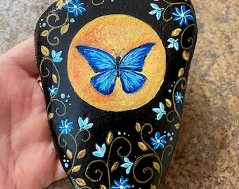 Hand painted rock blue butterfly spirit animal from Inspirationrocks4u