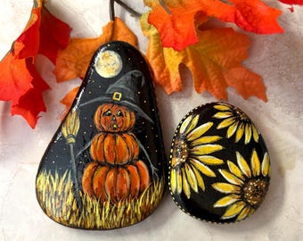 Set of 2 hand  painted  rocks by Inspirationrocks4u pumpkin witch and sunflowers.