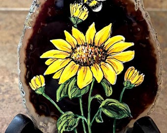 Hand painted rock sunflower bee on translucent agate by Inspirationrocks4u