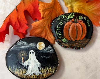 Set of 2 hand  painted  rocks by Inspirationrocks4u lonely ghost and pumpkin.