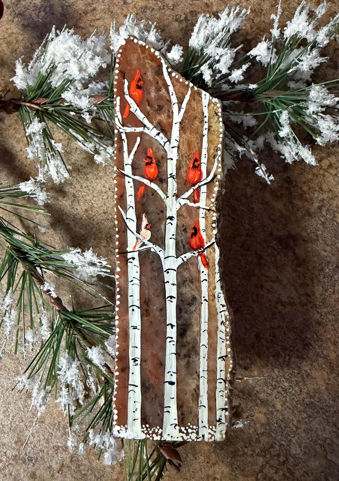 Hand Painted Rock Slice Cardinal Visitors From Heaven Hiding in Birch ...