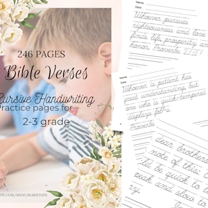 May include: A set of 246 cursive handwriting practice pages for children in Years 2 and 3. The pages feature Bible verses. The image shows a child writing on one of the pages.