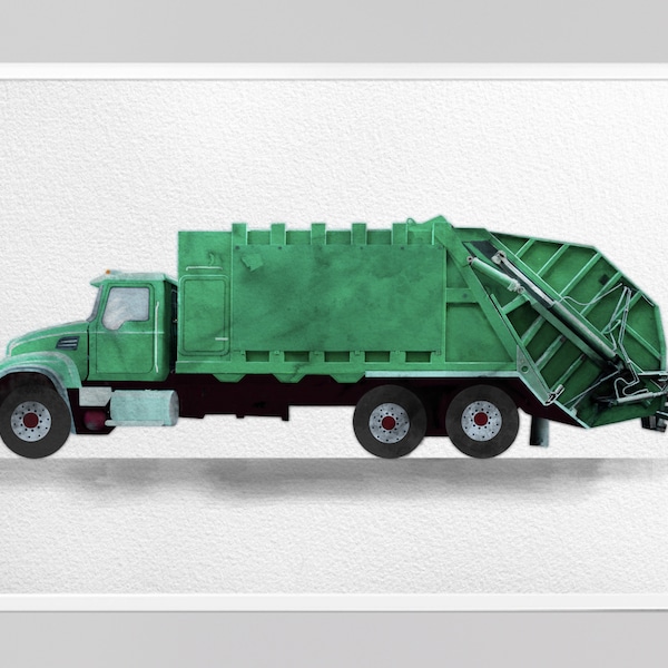 GARBAGE TRUCK poster digital drawing child's room decor vehicle download boy's drawing nursery wall decor watercolor collage picture