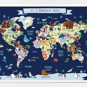 Digitaler Download- Tier-Weltkarte- Kinderzimmer Karte- Kinderzimmer- Kinderzimmer- Wand-Kunst für Kleinkinder- Wand-Dekoration