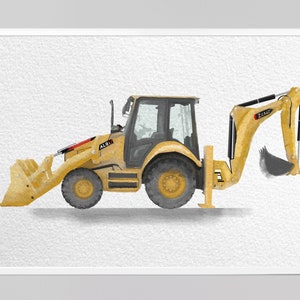 May include: A yellow backhoe excavator with a black bucket, a red and black