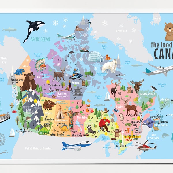 Téléchargement numérique - Poster carte du Canada pour enfants - Carte du Canada pour enfants - Décoration murale pour salle de jeux - Carte du Canada pour enfants - Carte du Canada pour enfants