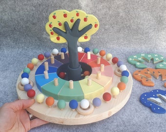 Piccolo calendario perpetuo Waldorf, materiali Montessori, giocattolo Waldorf, giocattolo educativo in legno per bambini, giocattolo prescolare, con supporti per quadri