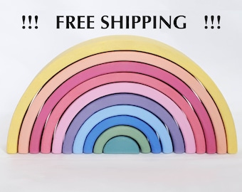 Stacking Wooden Toy Rainbow 10 piece. Stacking toy, Waldorf Toddler Toy, Rainbow, Code C01, Pastel Rainbow. FREE SHIPPING
