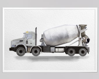 Cement truck concrete mixer poster digital drawing child's room decor vehicle boy's drawing nursery wall decor watercolor collage picture