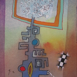 Roy Henry Gover Original Mixed Media Watercolor Painting &quot;Romantic Mechanical Man&quot; July 1991 Petitie Painting 7&quot; X 5&quot; - RHAG