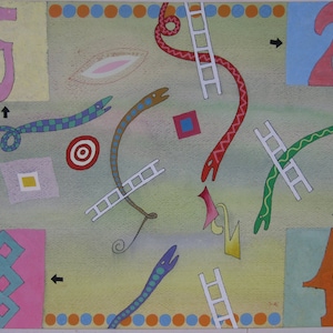 Original Roy Henry Alexsnder Gover &quot;Snakes and Ladders&quot; 1986 Watercolor, Chalk, Ink 13&quot; X 17&quot; on Paper