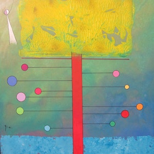 Roy Henry Gover Oryginalny obraz „Żółte drzewo” listopad 1991 Technika mieszana Tusz, gesso, akryl, akwarela 10&quot; X 9&quot;