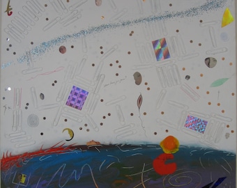 以下が含まれることがあります： 白い背景と青、紫、黒の底半分を持つ抽象的な絵画。上半分は、線、円、正方形など、さまざまな形をしています。テキスト「Where have you gone?」は、絵画の上半分に書かれています。